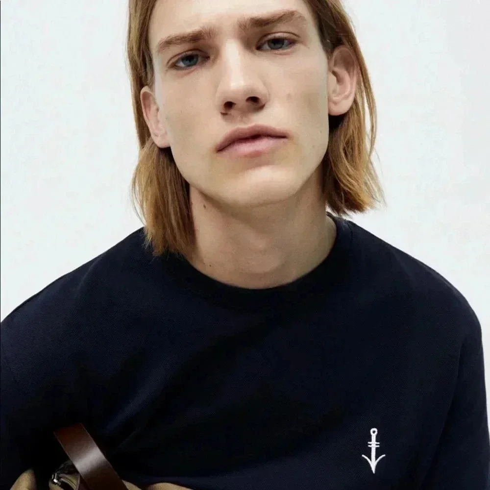 4/$25 NEW ZARA TEXTURED PIQUÉ T-SHIRT NAVY Sz S NWOT - Picture 4 of 9